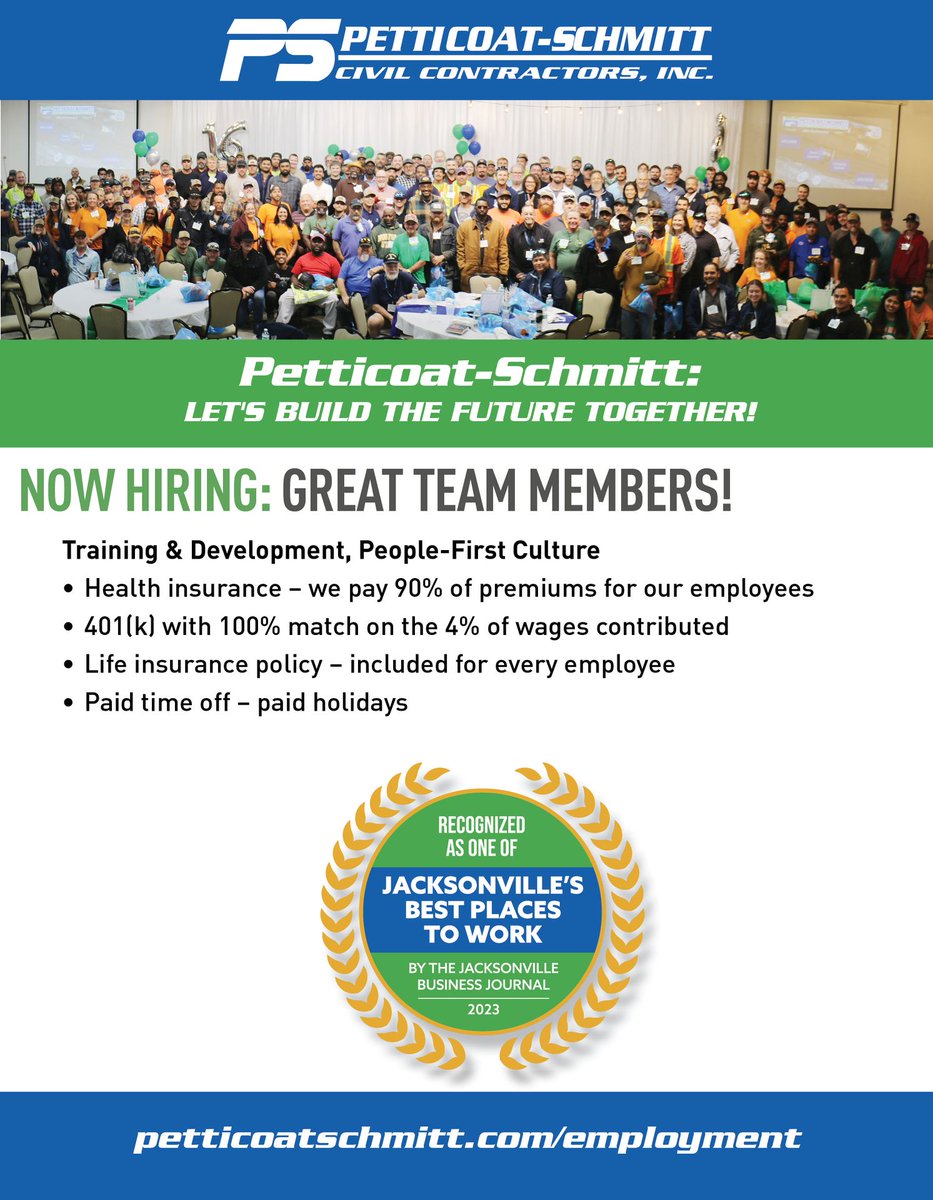 NOW HIRING!
Petticoat-Schmitt Civil Contractors is looking for passionate individuals to join our dynamic team and be part of our continued success story.

Visit our website petticoatschmitt.com to learn more

#PetticoatSchmittEmployment #NowHiringConstruction #JaxJobs