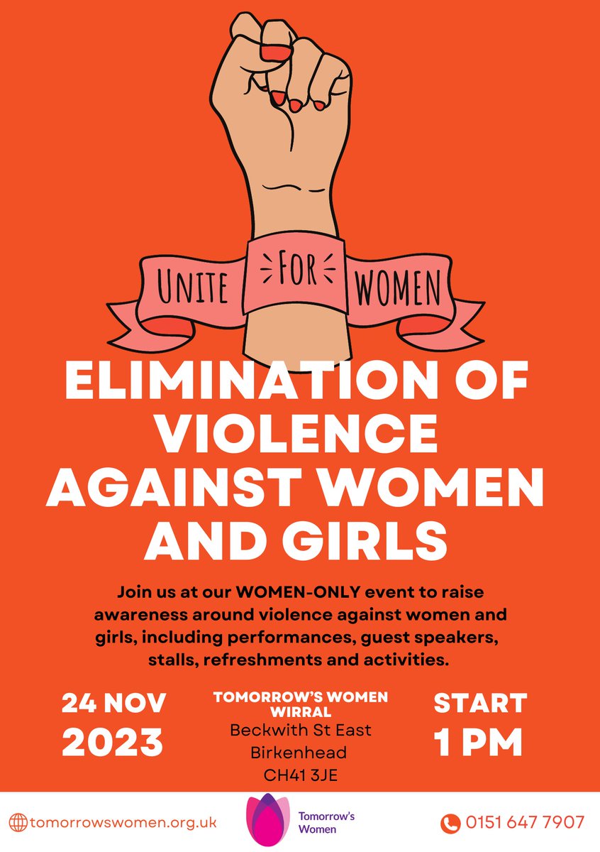 @tomorrowswomen will be hosting our annual Violence Against Women & Girls event on 24th Nov at #tomorrowswomenwirral
Including
🧡Opening from Merseyside Police & Crime Commissioner
🧡Activities & videos
🧡Speakers from RASA and Merseyside Police
🧡Creative Group performance
