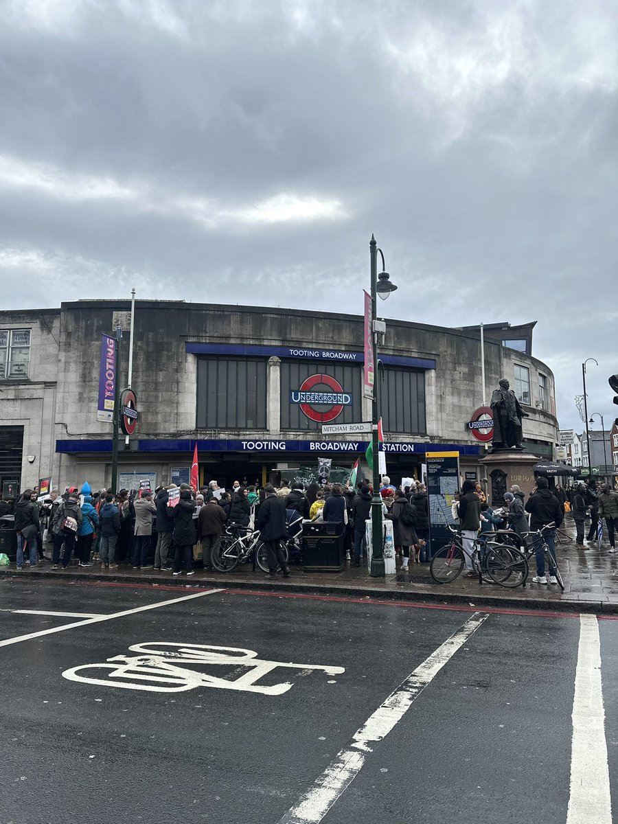 The protest organised by Wandsworth Friends of Palestine @WandsworthFoP to demand an immediate ceasefire in Gaza is underway outside #Tooting Broadway Station. This is one of a series of protests across the country today. More info via their X: @WandsworthFoP