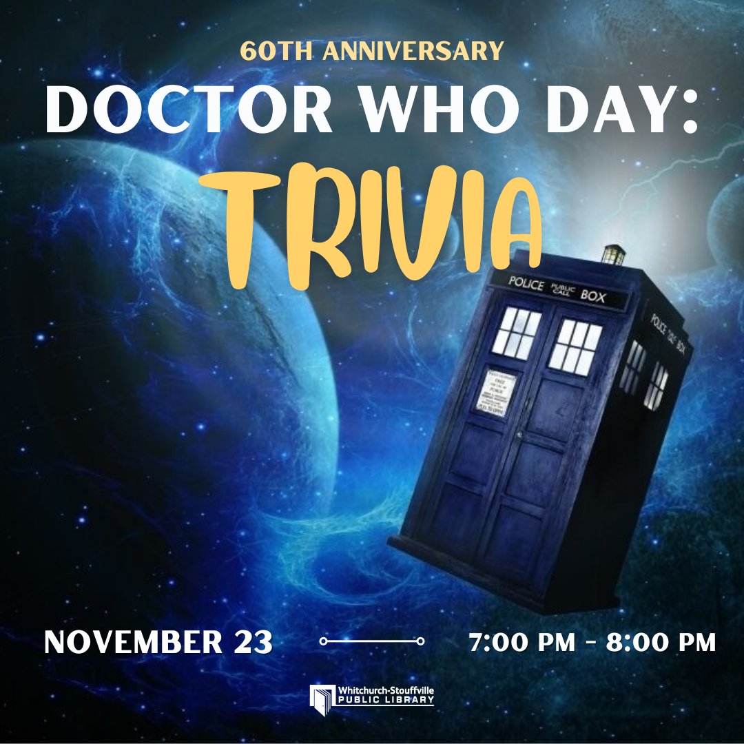 🌌🎉 Whovians, assemble! Join us to honor 60 incredible years of Doctor Who. It's a night for all fans to come together at the Library and revel in the adventures of our favorite Time Lord. #DoctorWho60 #TARDISDay #WhoviansUnite #Library #WSPL #DoctorWhoCelebration #Stouffville