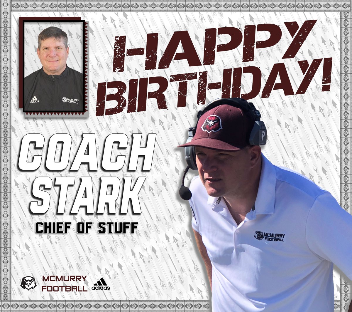McMURRYFOOTBALL's tweet photo. Happy Birthday to McMurry War Hawks Chief of Stuff, COACH JOHN STARK! Thanks for all you do to enhance the family!

Have a great day!
#WarHawksFAW https://t.co/8mhENoFW0T