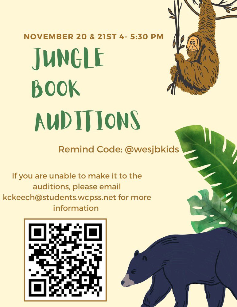 Have an elementary schooler that is interested in auditioning for Jungle Book? Fill out the audition form using the QR code!🌿<a href="/WakefieldES/">Wakefield Elementary</a> <a href="/WakefieldStrong/">Wakefield Strong</a>