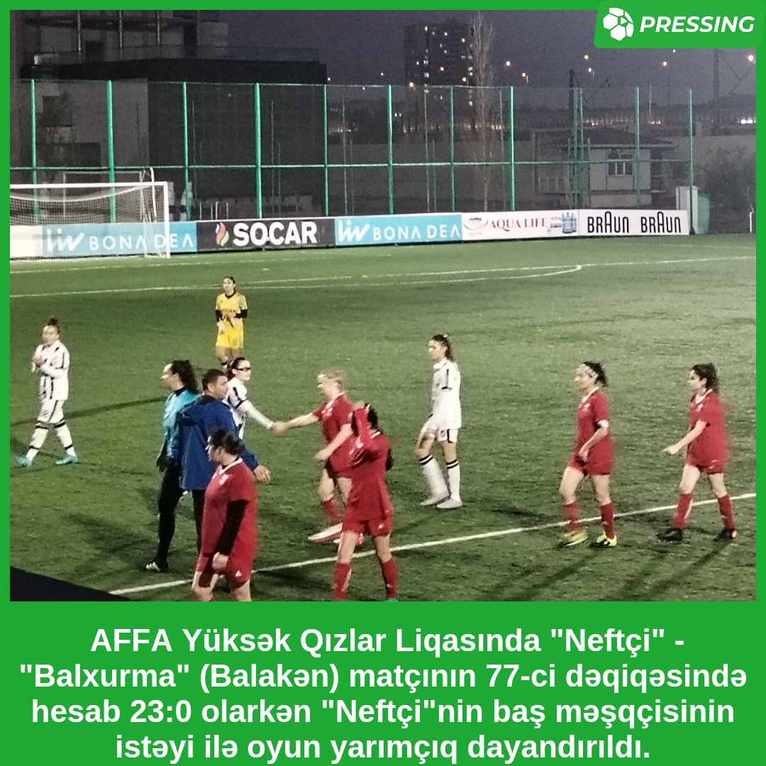 AFFA Yüksək Qızlar Liqasında "Neftçi" - "Balxurma" (Balakən) matçının 77-ci dəqiqəsində hesab 23:0 olarkən "Neftçi"nin baş məşqçisinin istəyi ilə oyun yarımçıq dayandırıldı.

#pressingaz #neftçifk #balakən #affa