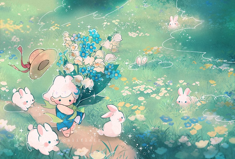 flower rabbit hat 1girl dress blue dress outdoors  illustration images