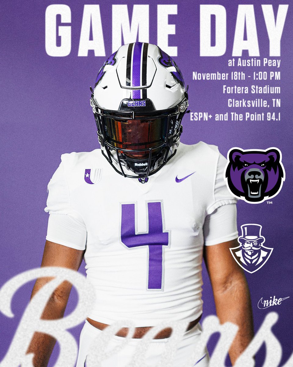GET UP BEAR NATION! It's GAME DAY &amp; CHAMPIONSHIP DAY in Clarksville, TN. UCA vs. Austin Peay at 1 for a UAC title and FCS Playoff bid. 

#BearClawsUp x #FearTheStripes 

📻 shorturl.at/lHX47
📺 shorturl.at/qNZ49
📊 tinyurl.com/en3aum7p
