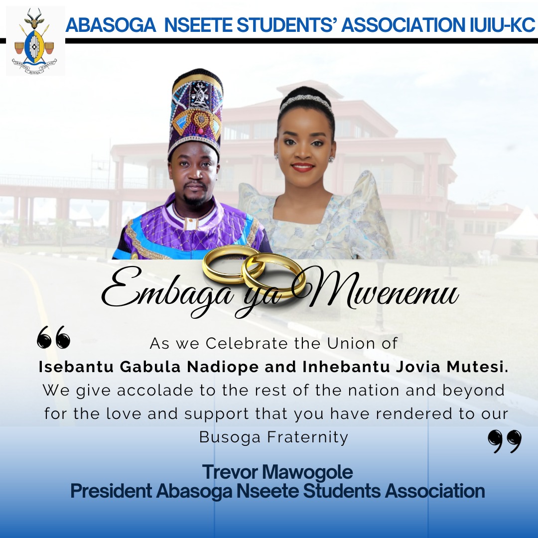 BASOGAIUIUKC's tweet photo. @BASOGAIUIUKC @ElitonAli @guildiuiukc @IUIU_KC_Moots @iuiuac @humanrightsiu wishes and congratulates @KingNadiopeIV and @mutesijovia11 upon having a successful wedding.
#mwenemumu #isebantu #inebantu #RoyalWedding https://t.co/pJOwCrIaw6