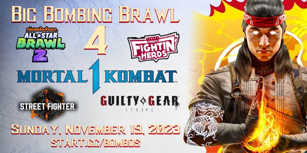 BrandoYoshi's tweet photo. Big Bombing Brawl 4 is TOMORROW!

Register now to get in on the action! https://t.co/qARFwEXpxK

Reg closes an hour before each game starts!

Start Times (Central Time)
NASB2 - noon
TFH - 2pm
MK1 (PC) - 3pm
SF6 - 5pm
GGS - 7:30pm

It's going to be our biggest one yet! :D https://t.co/XoX23JGCdu