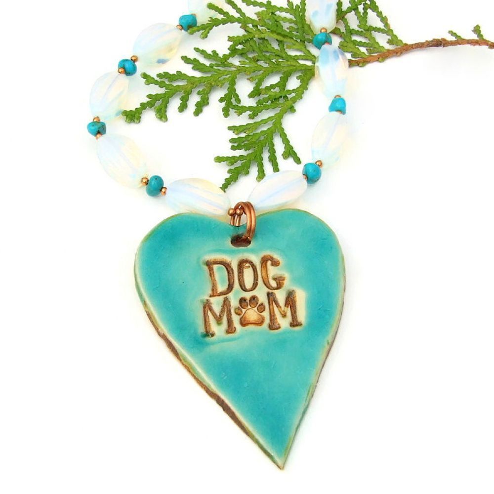 Perfect for the #DogLover: Ceramic #Heart-shaped #Dog #Mom Pendant #Necklace w/ Glowing Opalite & Real #Turquoise!   bit.ly/DogMomSD via @ShadowDogDesign #DogMom #bmecountdown #Handmade #DogNecklace