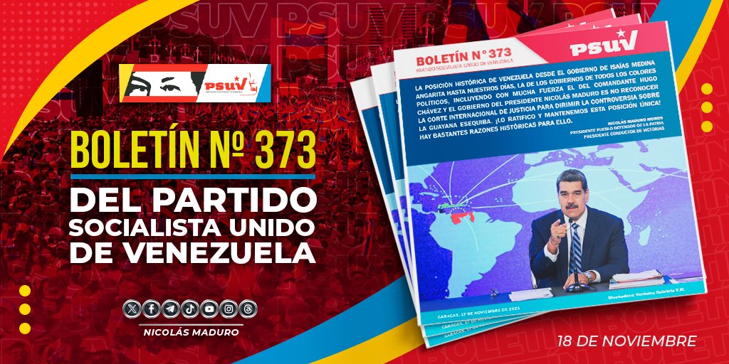 NicolasMaduro's tweet photo. ¡El Sol de Venezuela nace en el Esequibo! Los derechos históricos de nuestra Patria los defendemos con orgullo y dignidad. Lee y comparte la edición N° 373 del Boletín del @PartidoPSUV, y entérate de la información relevante en cuanto a la unión del Pueblo por la defensa de la Soberanía Nacional. El #3Dic #Vota5VecesSí ==> https://t.co/IIlRvb2O25