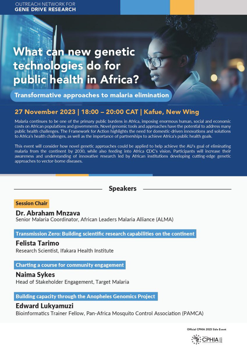 Join our side event at the 3rd CPHIA @CPHIA_AfricaCDC on 27th Nov. in Lusaka Zambia, where we will discuss different ways through which new genetic technologies can contribute to enhancing public health in Africa.