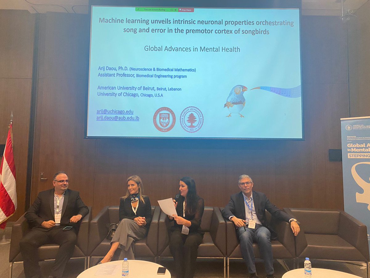 🚀Exciting start to our last session of #GAMH🧩on #Artificial #Intelligence and #Mental #Health, moderated by Dr. <a href="/martinebejjani/">Martine Bejjani</a> and Dr. Charline El Hachem!🧠 Dr. <a href="/DaouArij/">Arij Daou</a> leads the discussion with a fascinating exploration at the intersection of neuroscience and AI.🎶🐦