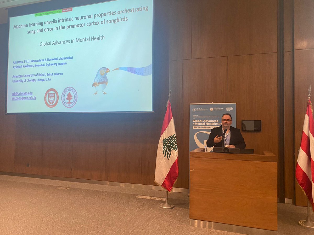 AubmcPsychiatry's tweet photo. 🚀Exciting start to our last session of #GAMH🧩on #Artificial #Intelligence and #Mental #Health, moderated by Dr. @martinebejjani and Dr. Charline El Hachem!🧠 Dr. @DaouArij leads the discussion with a fascinating exploration at the intersection of neuroscience and AI.🎶🐦 https://t.co/7YaIzsNsD8