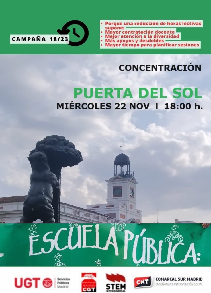 Ven a la concentración del miércoles 22 a las 18 en la Puerta del Sol por la reducción de las horas lectivas.

Por revertir los recortes de 2011.
Por una mejor atención.
Por recuperar las plantillas docentes.
Por equipararnos con el resto de CCAA.

mareaverdemadrid.blogspot.com/2023/11/22-11-…