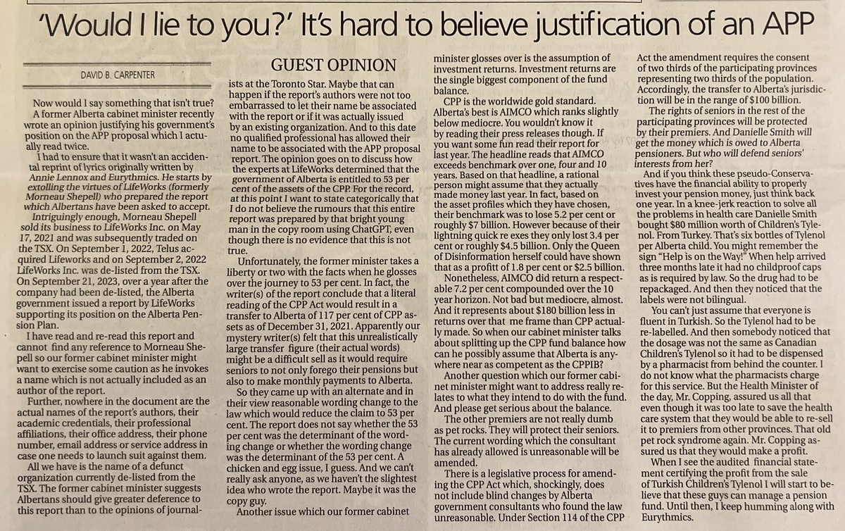 Spearmac's tweet photo. @DuaneBratt Former Lethbridge Mayor David Carpenter’s response to former Alberta Treasurer Travis Toews comments is well worth a read #APP #abgov #abpoli #CPP Toews comments are hard to believe 😊 https://t.co/d6YnEZ13oE