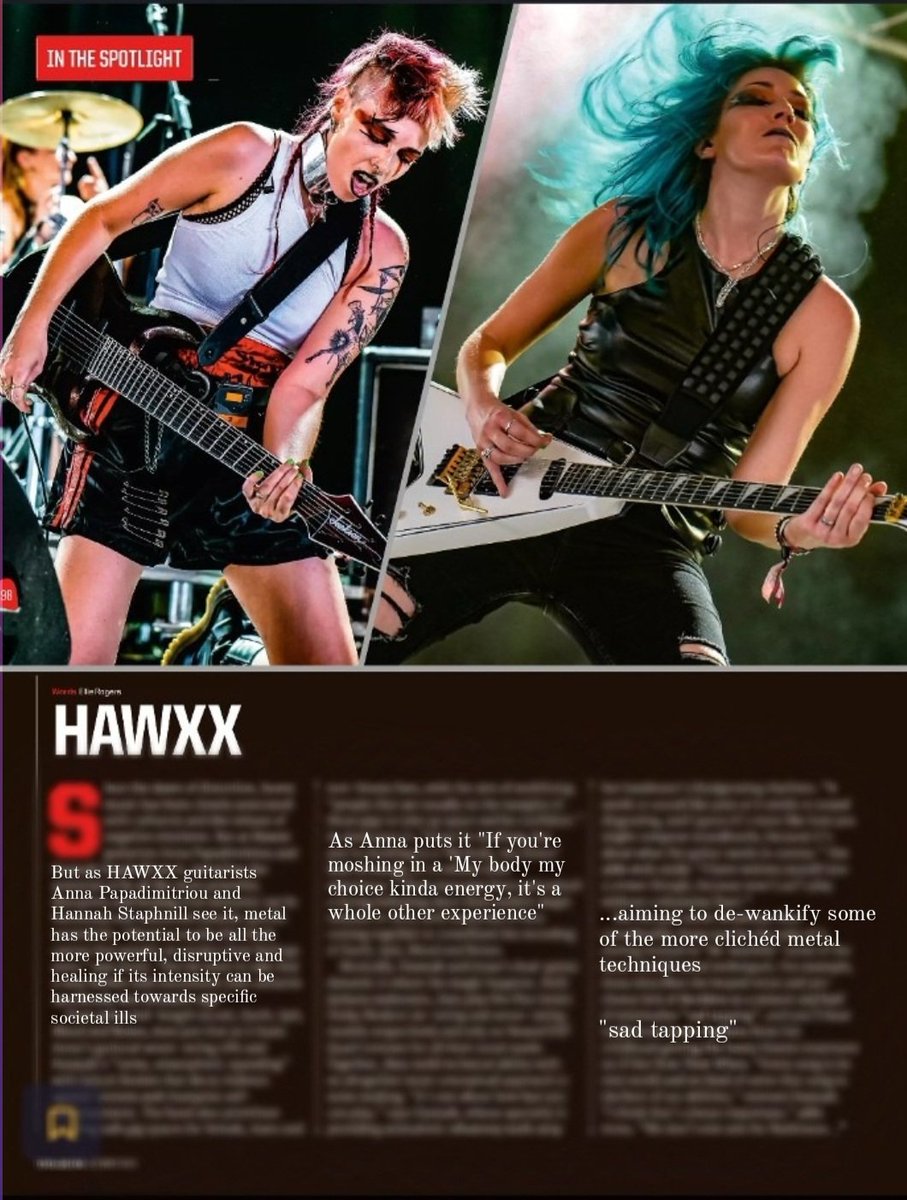Full page spread in @totalguitar this month 🥹🥰We chat to @ellie_komedia about how we use de-wankifying methods with our axes, including Hannah's squealing whammy chaos inspired by film soundtracks and Anna's minimalist 'sad tapping'.Get your copy todayyy!!🖤 @JacksonGuitars 🎸