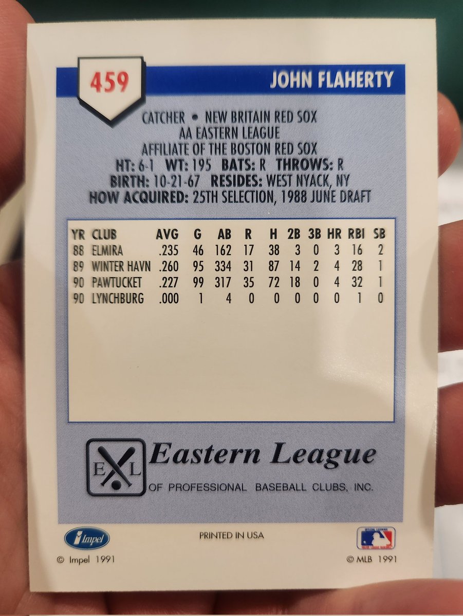 Today's #MiLBCoD is Impel Line Drive 1991 New Britain Red Sox John @flash17yes Flaherty. I like the logo on the hat. It's just a very tall hat. Tell me your favorite story about the player, team, ballpark, etc. Especially if it is Minor League. RTs are appreciated.