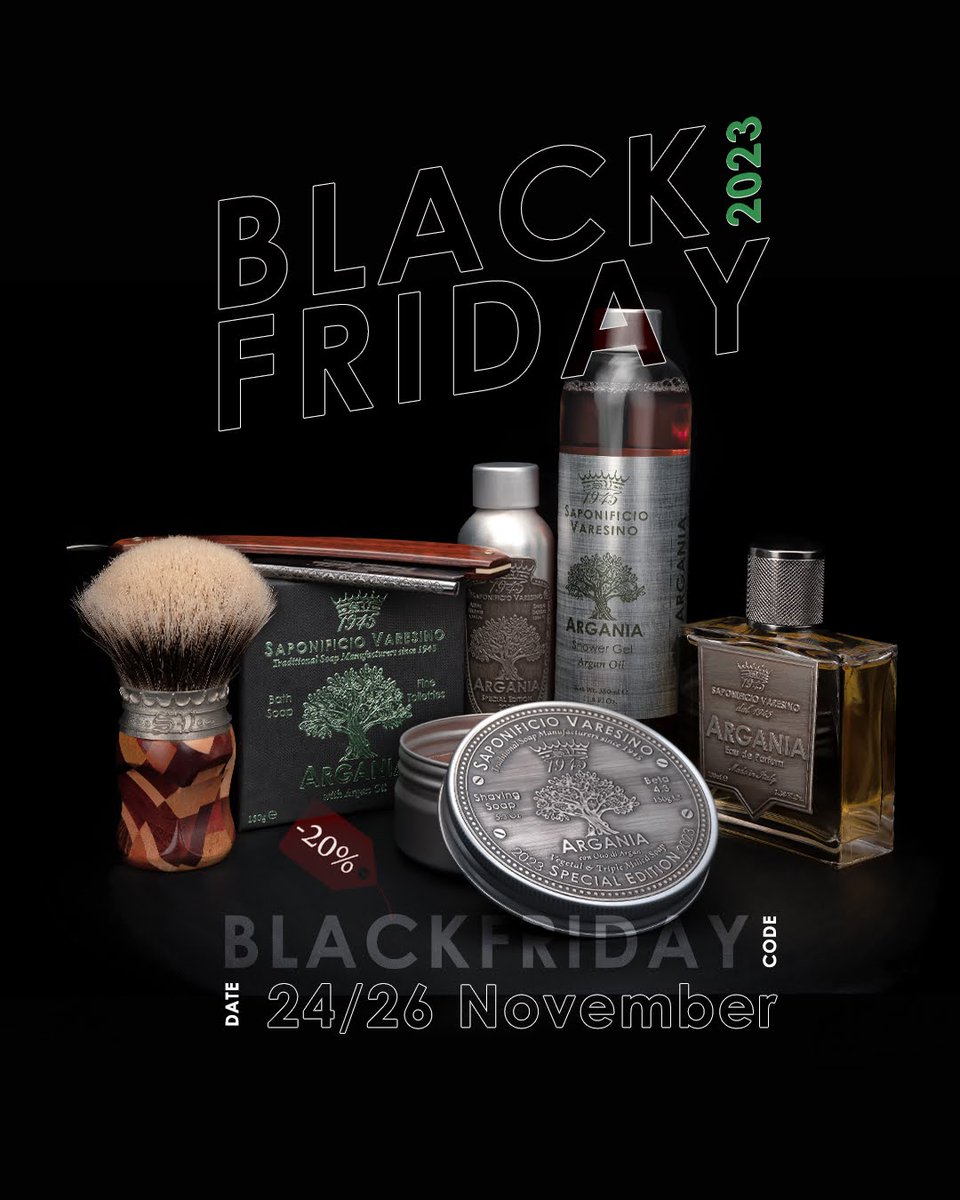 Save the date! 
Da/From: 24 Nov 2023
A/To: 26 Nov 2023
Codice/Code: BLACKFRIDAY
Sconto/Discount: 20%*
saponificiovaresino.com
------
* si applicano esclusioni su alcuni prodotti/exclusions applied to selected products