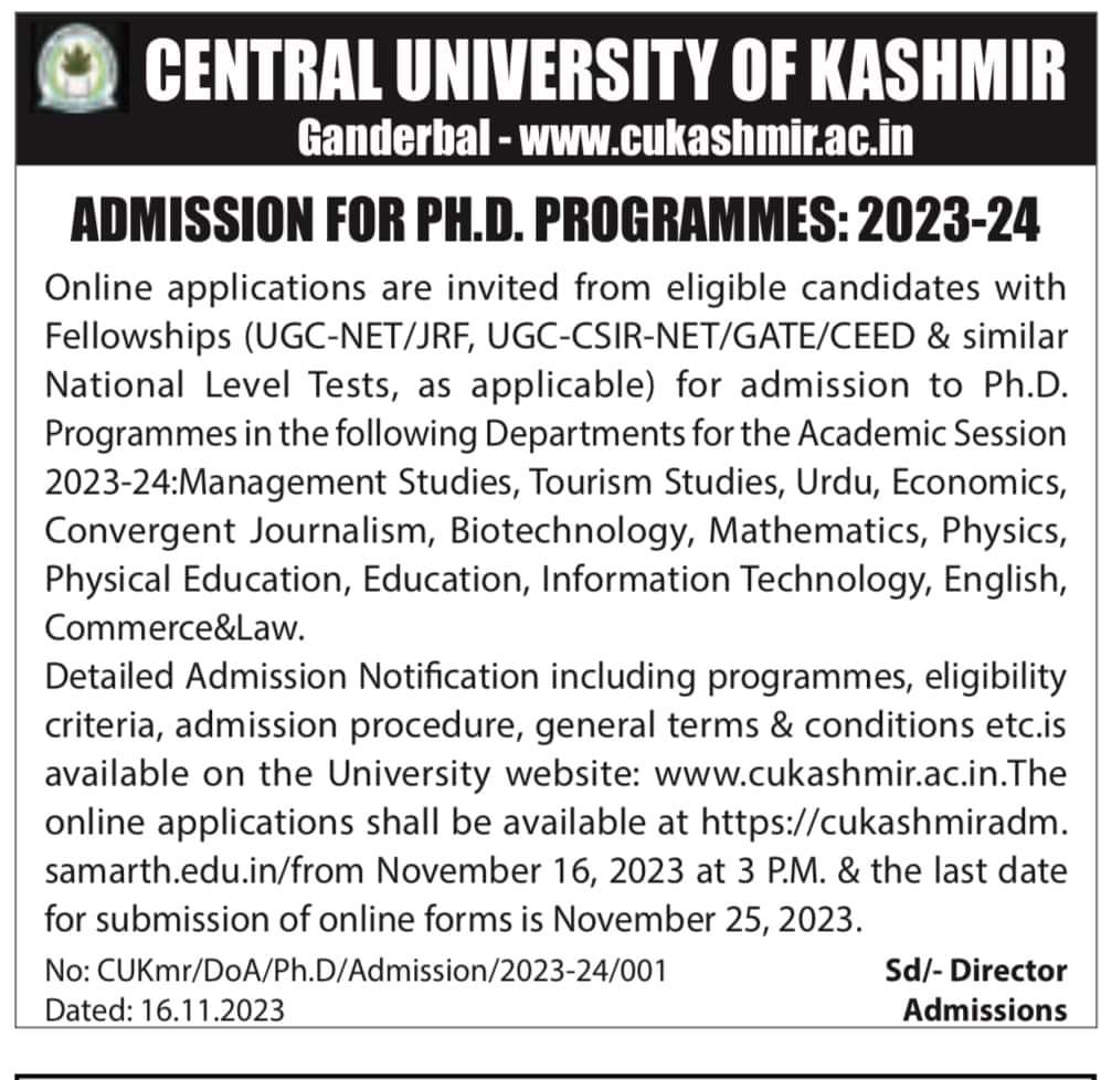 SOEducukashmir's tweet photo. Online Applications are invited from the eligible candidates with fellowships UGC-NET/JRF &amp; similar other national level tests for the admission to PhD Programmes for the academic session 2023-23
#kashmir
#studyinkashmir
@ugc_india
@AICTE_INDIA
@EduMinOfIndia
@bhupro
@ncteDelhi https://t.co/QMA9X3W4NF