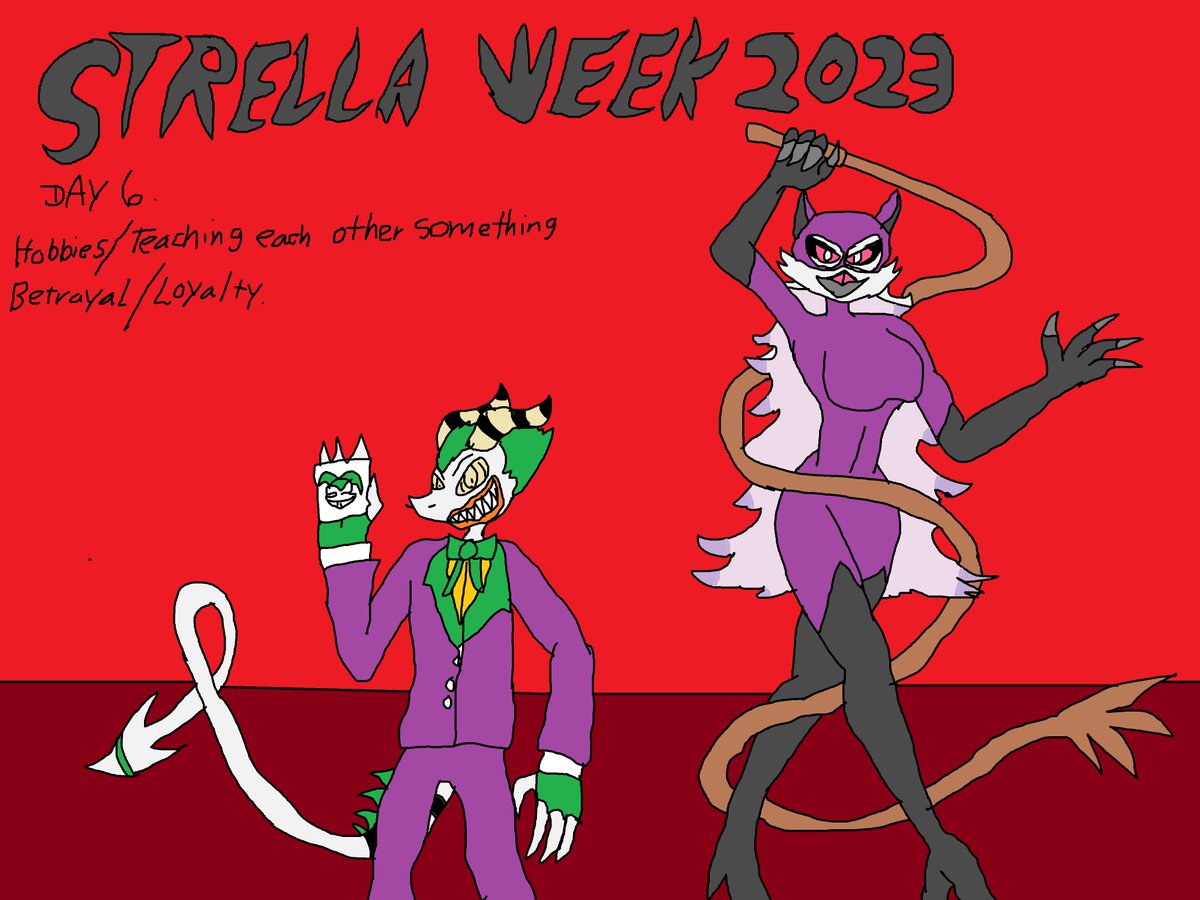 Kaijuguy19's tweet photo. Day 6 of @StrellaWeek has the two doing cosplay as their personal hobby together. I have a feeling they'd be a hit at conventions. #strellaweek #helluvaboss #stella #striker #stellaxstriker #helluvabossstella #helluvabossstriker #cosplay #catwoman #joker #vivziepop #dccomics https://t.co/8wmnd6A9ub