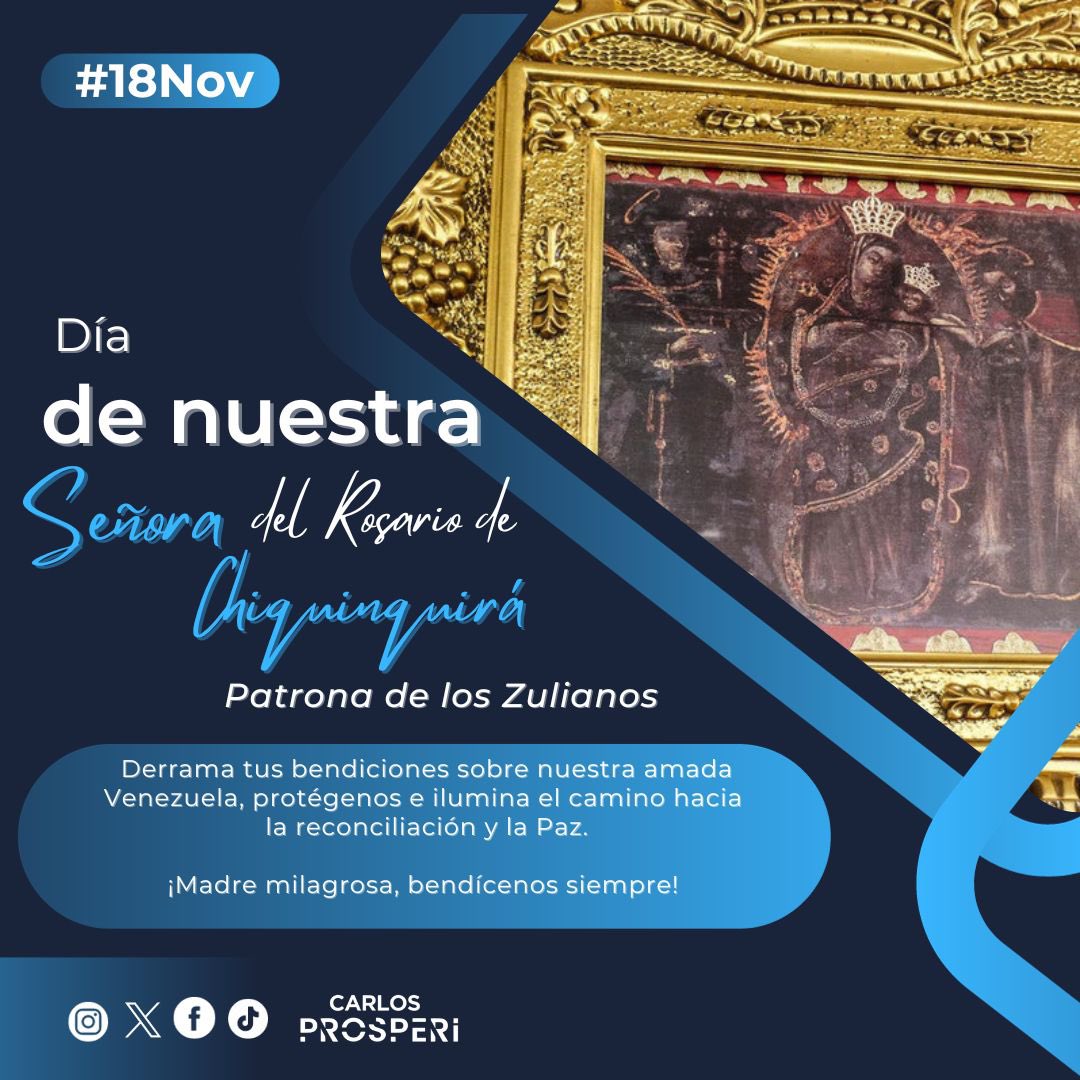 Hoy #18Nov nos unimos al pueblo zuliano para venerar a nuestra Señora del Rosario de Chiquinquirá, derrama tus bendiciones sobre nuestra amada Venezuela, protégenos e ilumina el camino para la unión como hermanos. 

¡Madre milagrosa, bendícenos siempre!