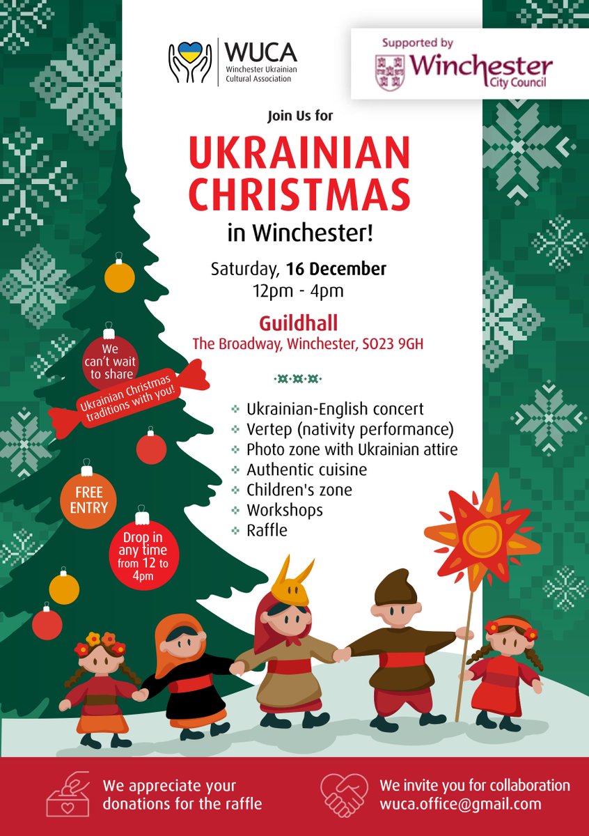CFWinchester's tweet photo. Ukrainian Christmas in Winchester!

If you'd like to get involved or have any questions, please email them at wuca.office@gmail.com.

They can't wait to share this memorable day with you, celebrating the beauty of Ukrainian Christmas traditions. https://t.co/a1MQBQyrnJ
