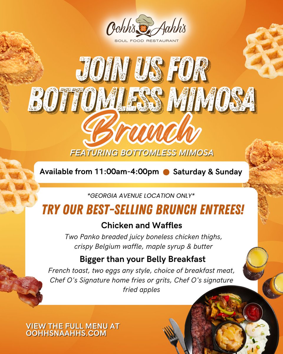 Bottomless Mimosa Brunch from 11am-4pm at our 📍Georgia Ave location! 🥂 The party continues through late-night until MIDNIGHT, or, swing by our U-Street until 4AM! 🤩 Reserve your table at Oohhsnaahhs.com! 🔥

#brunch #brunchtime #brunching