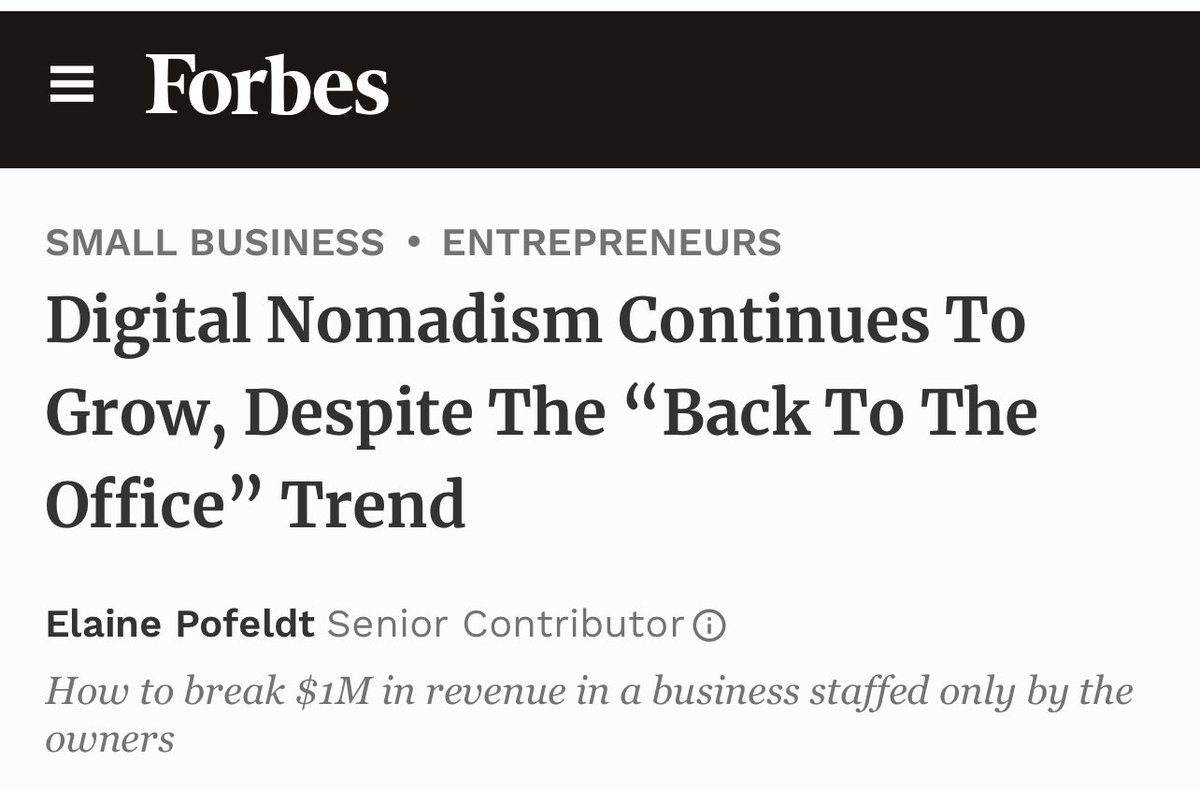 “59% of digital nomads say they plan to continue their lifestyle” in this article by @ElainePofeldt in @Forbes interviewing Miles Everson, CEO of @MBOpartners 
#FutureOfWork #FutureofLiving 
@insurednomads health insurance for the #remote worker #digitalnomad & #distributedteams