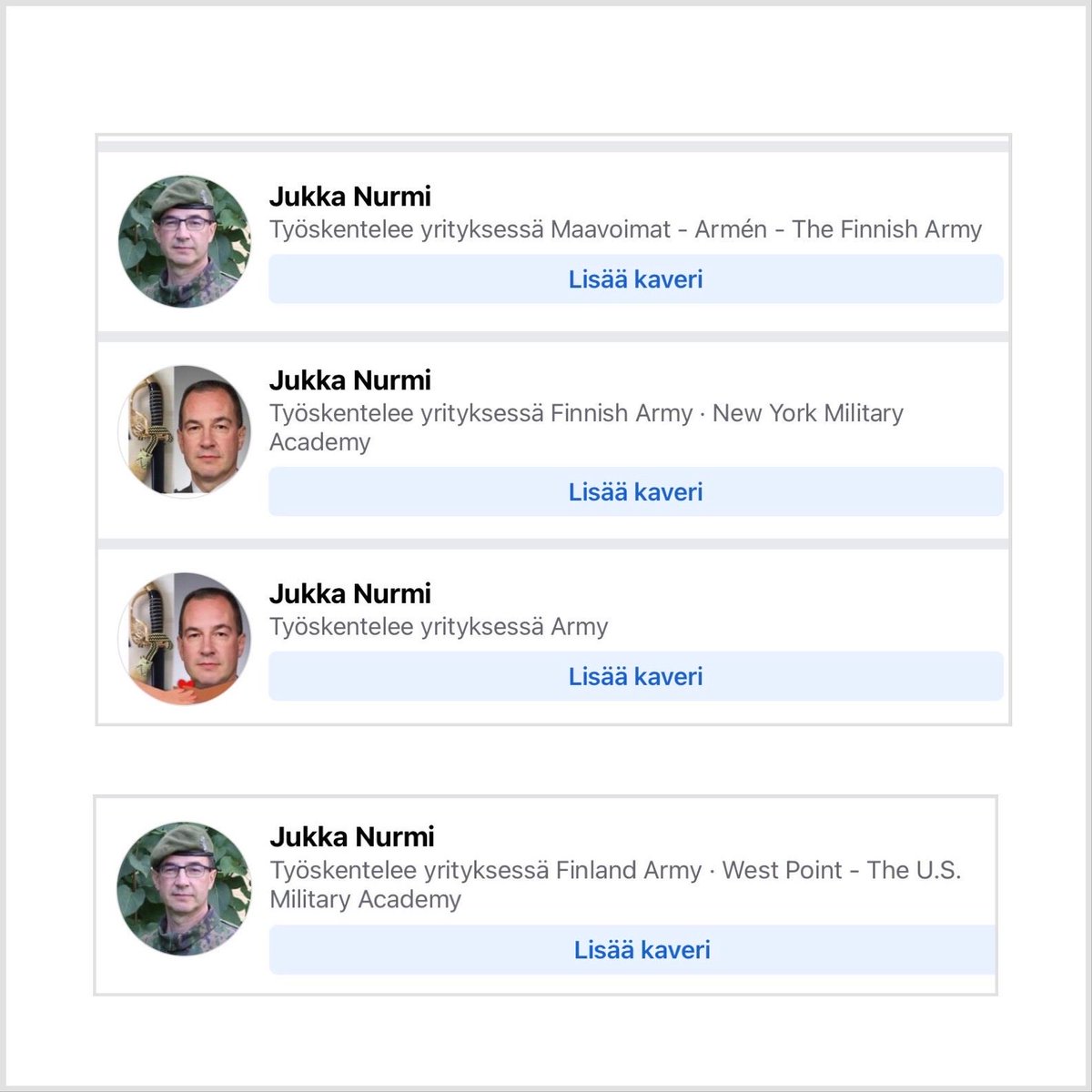Taas on nimelläni tehty 4 uutta valetiliä Facebookissa. Käykääpä ilmiantamassa. Kiitos tuesta! En ole Facebookissa työprofiililla.