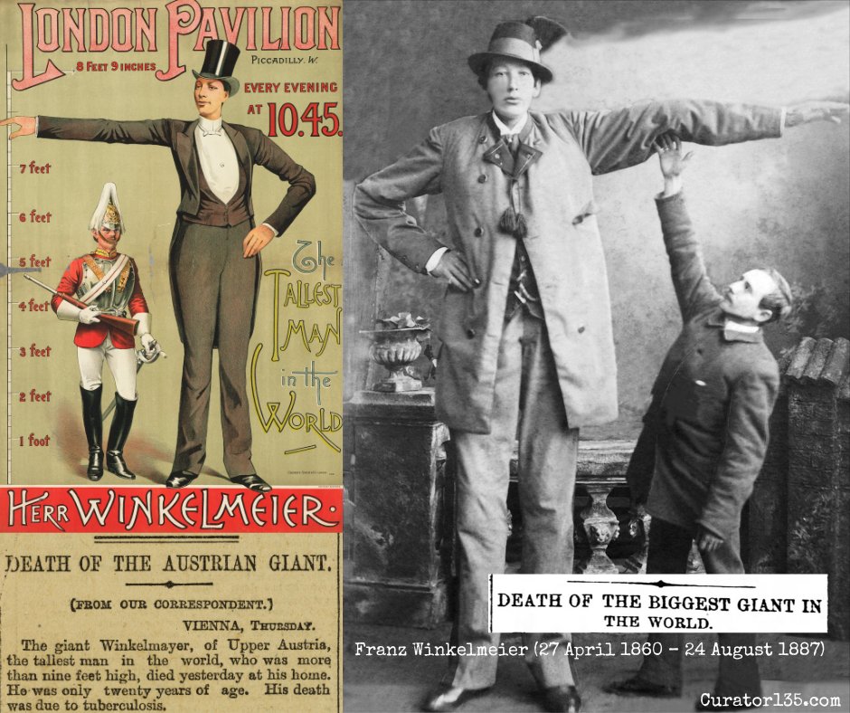 curator135's tweet photo. Franz Winkelmeier was a young Austrian promoted around the globe as the world's tallest man. Advertisements claimed that he was 8 ft 6 but he was measured to be 'only' 7 ft 6. The Giant of Friedburg-Lengau died from Tuberculosis at the age of 27.  
#DidYouKnow #curator135 https://t.co/3exu4yciHm