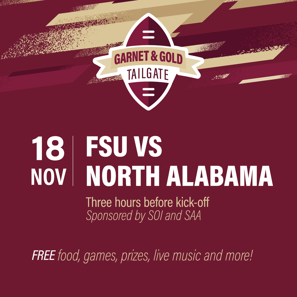 FSUDSA's tweet photo. #HelloFSU☀️ Join the excitement at the Garnet and Gold Tailgate in the FSU Student Union! 🎉 Enjoy free food, play games, win prizes, and enjoy live music. Let's come together to cheer on our amazing @seminoles'! #FSUPride #GoNoles 🏈🔥 https://t.co/OjHQ6IbswS