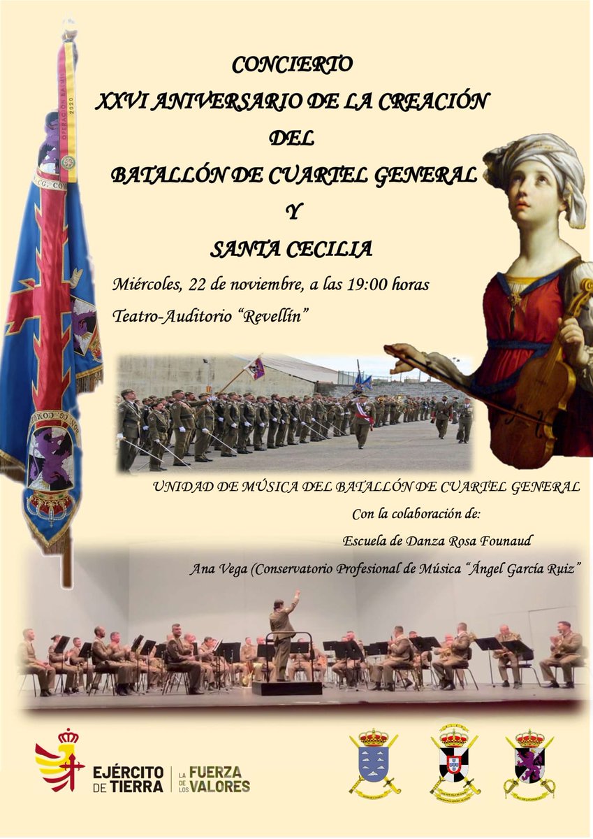 COMGECEU_ET's tweet photo. La Unidad de Música del Batallón de Cuartel General de la #COMGECEU del @MCANA_ET del @EjercitoTierra ofrecerá un concierto el próximo miércoles 22 de noviembre en el Teatro Auditorio Revellín. Entrada libre hasta completar aforo.
#SomostuEjército https://t.co/Mop6UADXU6