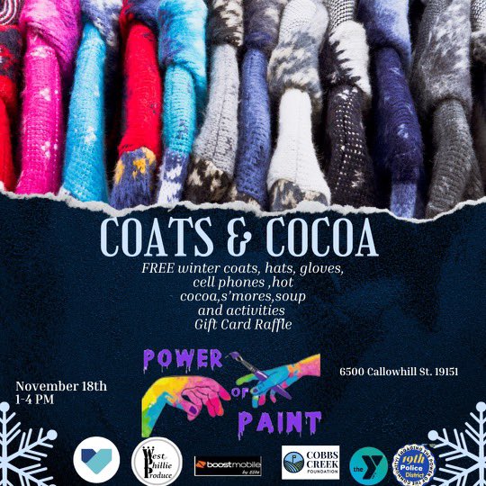 Who coming out today to grab a warm winter coat?!

Coat &amp; Cocoa Event!

🚨Saturday, 11/18

📍6500 Callowhill St.

⌚️1 to 4pm

FREE pony rides, petting zoo, winter coats, S’mores, soup, raffles &amp; more!
<a href="/seanlee9/">Sean Lee</a> <a href="/boost_elite/">Elite Mobile</a>

#community #coatdrive #boostgiving #getsafterit #philly