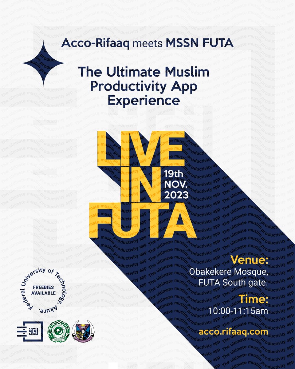 acco_rifaaq's tweet photo. The Ultimate Muslim Productivity App Experience Comes to FUTA.#Futarians #thefutastudent #Muslimstudents #Productivity #Transformation #twittermuslim #Accorifaaq https://t.co/4VTYUkMsj0