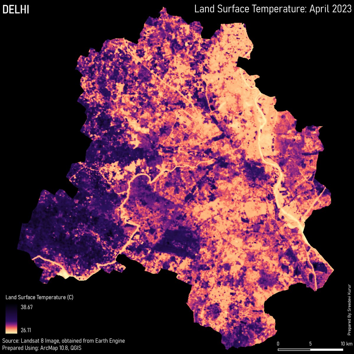 Carto_graphing's tweet photo. Urban Heat Islands are becoming increasingly common in Indian cities. The Land Surface Temp  gives an idea of the temperature radiated from land and is used as an indicator for the UHI effect.
Data: Landsat 8 Data; Tools: ArcGIS, QGIS
Day 18: Atmosphere for the #30DayMapChallenge https://t.co/kpXlv0Jecl