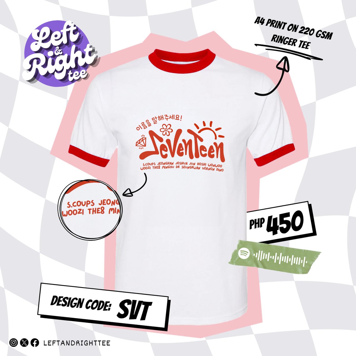 LeftandRightTee's tweet photo. 🎵 KUNG CHI PAK CHI! KUNG KUNG CHI PAK CHI, YEAH! 🎵

Step into the rhythm of style with our exclusive Seventeenth Heaven-inspired ringer tees! ✨

Pre-orders are until November 26! 

 Here is the order form: https://t.co/YyxQaUTxjj #LeftandRightPreOrder #SEVENTEEN https://t.co/2RP6dvSUSx