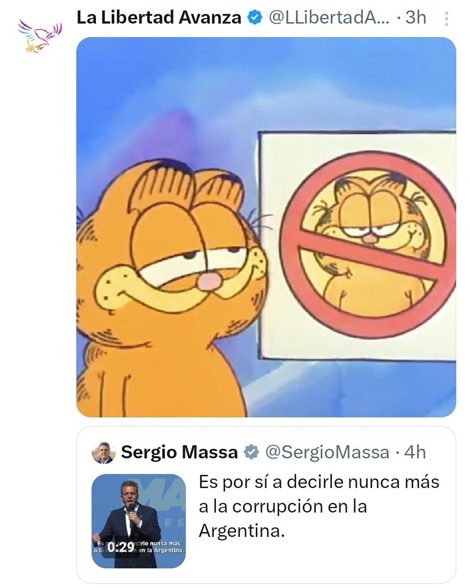 La Libertad Avanza, Javier Milei's political party, uses a Garfield meme to criticize Massa.