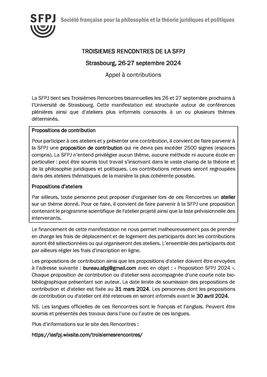 [Appel à communications] DL : 31/03/2024 - Troisièmes rencontres de la Société française pour la philosophie et la théorie juridiques et politiques univ-droit.fr/recherche/actu…
