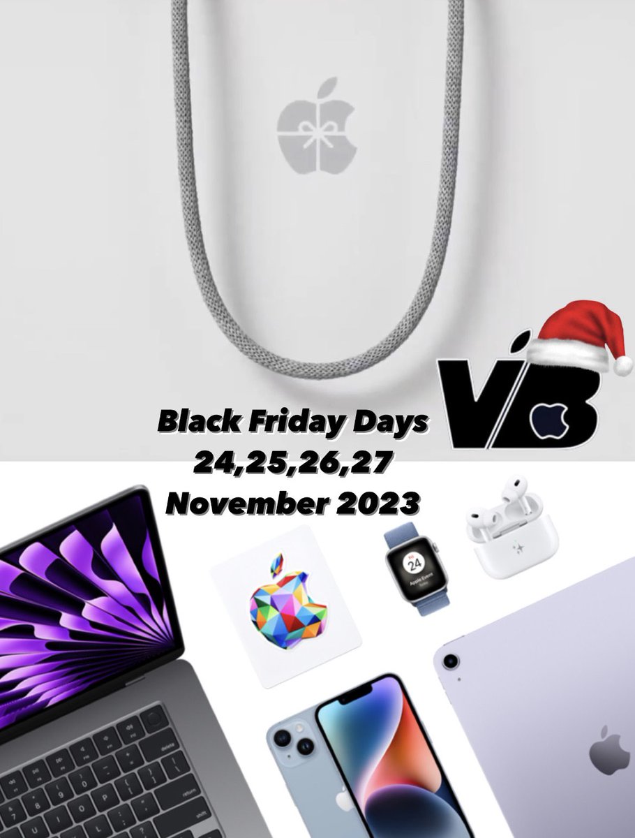 vbappleworld's tweet photo. Los días de Black Friday están llegando a las Apple Stores. Los días 24,25, 26 y 27 de noviembre recibiréis una tarjeta regalo de Apple comprando una selección de productos Apple. Las navidades están llegando. #apple #apple23 #apple2023 #applefan #applegeek #appletech https://t.co/HFxmjIGDJX