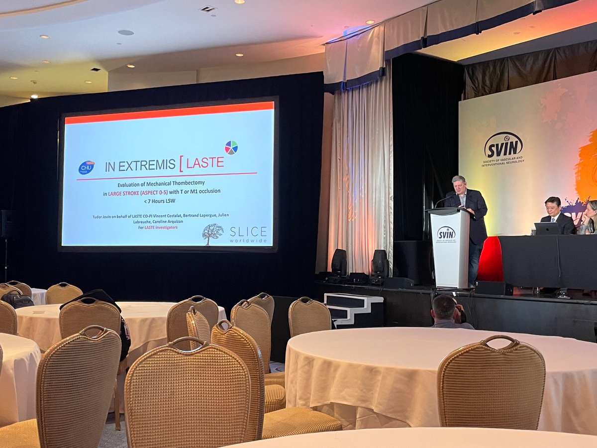 SVINJournal's tweet photo. Check it out! Legend @TudorGJovin presenting the results of the UNLIMITEDLY large core EVT trial, LASTE, at #SVIN23. 

Tx of ASPECTS 0-5 within 7hrs IMPROVES survival and reduces disability!

NNT 4!!! https://t.co/w2NiKV6tWW