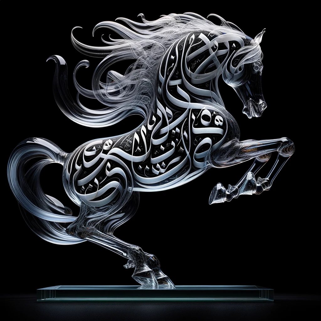 aziz4ai's tweet photo. متصورين عملت هذي المنحوتات باستخدام الذكاء الاصطناعي دالي ثري 😳

ياجماعة صحيح مايولد خطوط عربية لكن استخدام الخط العربي كنقوش مذهل فيه 

التجارب هي اساس التعلم ممكن امس هالشي مش ممكن لكن اليوم يصير ممكن هالمجال متغير وبشكل لحظي ومتطور بشكل مستمر جرب جرب جرب لين توصل 

البرومبت👇 

1️⃣

A golden sculpture inspired by Arabic calligraphy, shaped like an Arabian horse in mid-air, without any base or support, against a black background. The sculpture is crafted to look like it’s floating, with no connection to the ground. It exhibits the fluidity and elegance of Arabic script, forming the silhouette of a horse. The intricate calligraphic lines, glowing in gold, create the horse’s mane, tail, and muscular contours. The sculpture is illuminated, enhancing its golden hues and creating a striking contrast with the dark background

2️⃣

A highly detailed glass sculpture inspired by Arabic calligraphy, shaped like an Arabian horse in mid-air, without any base, set against a black background. This intricate sculpture showcases a more creative and elaborate take on Arabic script, with complex calligraphic lines forming the horse’s silhouette. The glass material captures and reflects spectrum colors subtly, adding a mesmerizing visual appeal. The enhanced details in the calligraphy bring out the horse’s flowing mane, muscular build, and graceful posture, while the play of light through the glass emphasizes the sculpture’s ethereal and artistic beauty

ولاتنسون لو حابين تعرفون اكثر واجاوب عليكم مباشرة شاركوا في دورة الذكاء الاصطناعي من كويل الرابط تحت 👇