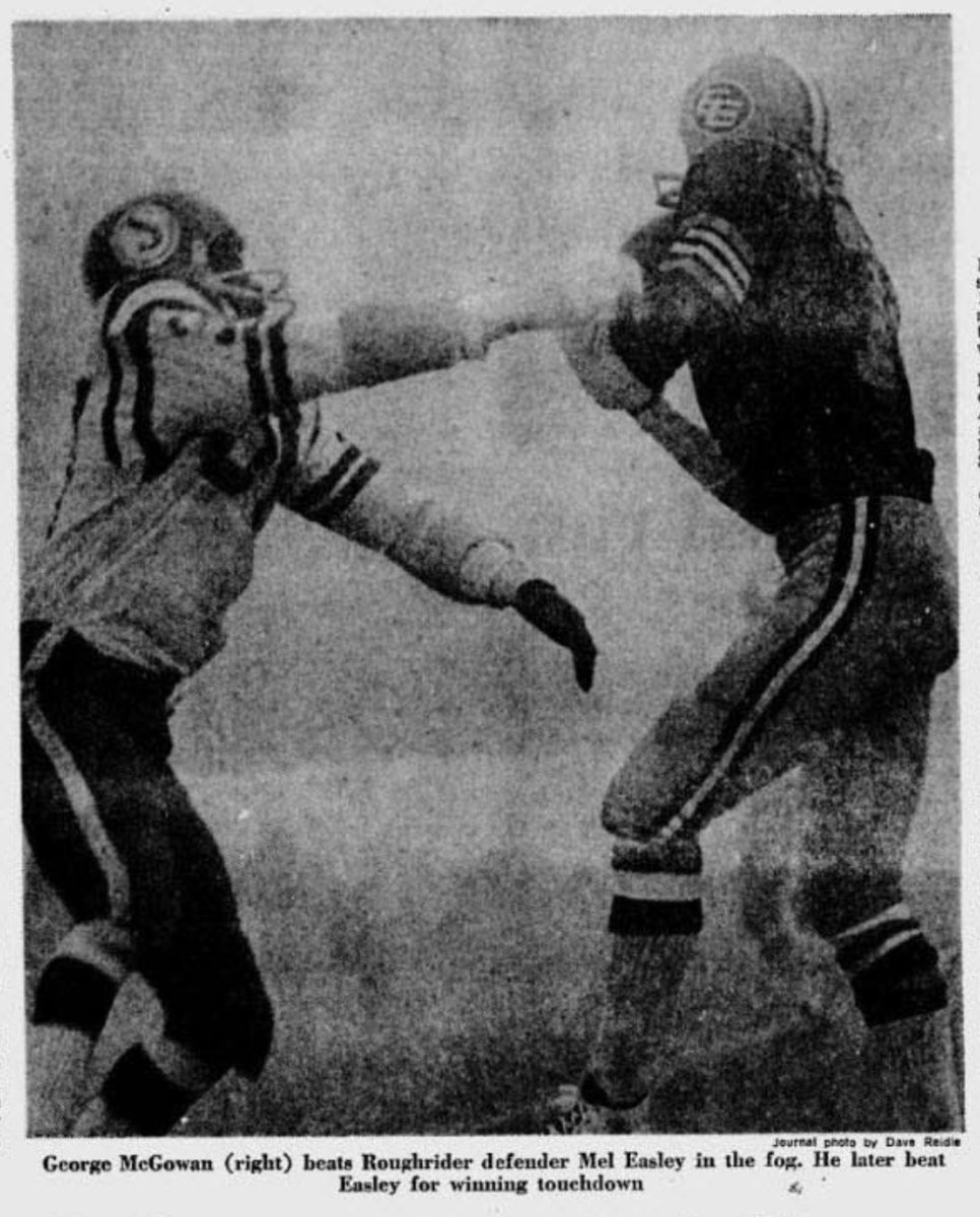 EdmHistorEE's tweet photo. 50 years ago today, Edmonton wins the West Final against Saskatchewan in a thick fog to go to the Grey Cup for the first time in 13 years. George McGowan scored the winning touchdown, and Dave Cutler kicked 6 Field Goals to beat the Riders 25-23. #HistorEE https://t.co/BVpcEbyD5J