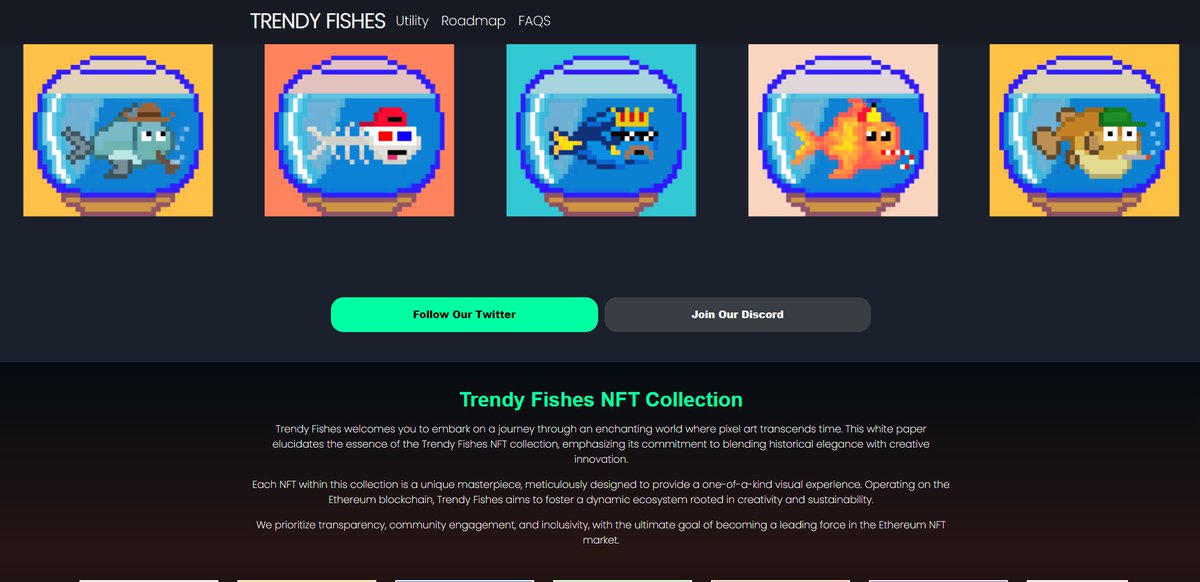 TrendyFishes's tweet photo. GM everyone ☀️
Come check out the official Trendy Fishes website where you can get more info about our project.
🔗Link: https://t.co/wE3sRPfoG1
Don't miss out on the wave of innovation! 🚀
#NFT #NFTCommunity #NFTCollection #nftart #Website https://t.co/3n2jENfeX7