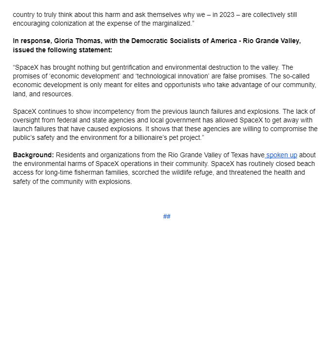AnotherGulf_'s tweet photo. This morning, SpaceX again used our low-income community, wildlife refuge, &amp; sacred lands of the Carrizo Comecrudo Tribe as a testing site to launch the Starship/superheavy rocket.

Our press release to remind y'all that Rio Grande Valley organizations oppose SpaceX's rocket: https://t.co/jcgFzB4P7S