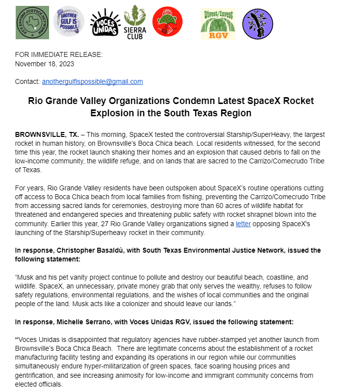 This morning, SpaceX again used our low-income community, wildlife refuge, & sacred lands of the Carrizo Comecrudo Tribe as a testing site to launch the Starship/superheavy rocket. Our press release to remind y'all that Rio Grande Valley organizations oppose SpaceX's rocket: