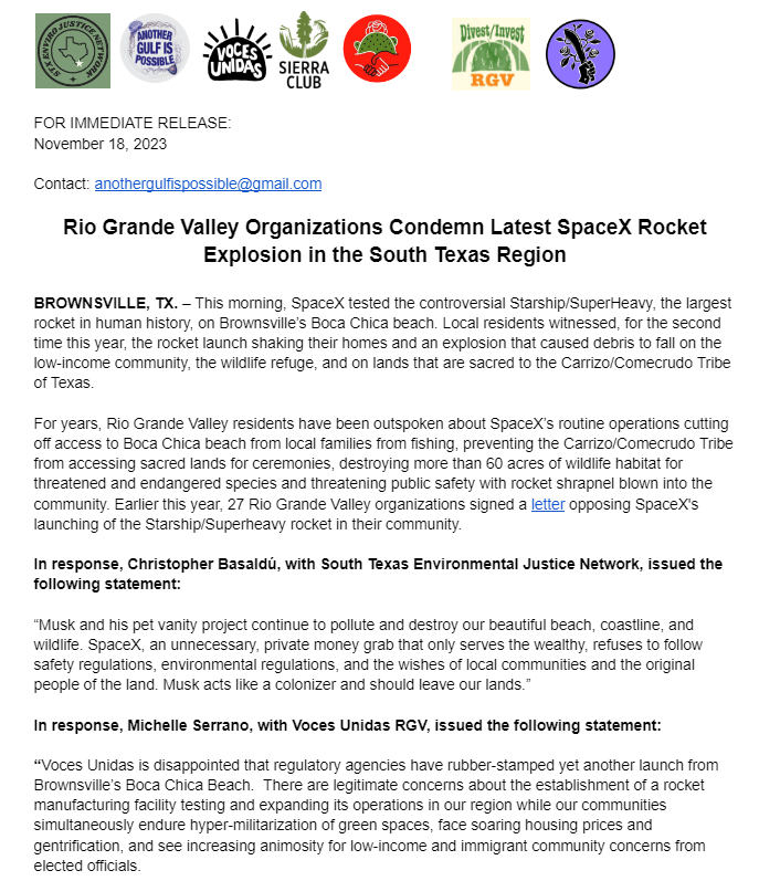 AnotherGulf_'s tweet photo. This morning, SpaceX again used our low-income community, wildlife refuge, &amp; sacred lands of the Carrizo Comecrudo Tribe as a testing site to launch the Starship/superheavy rocket.

Our press release to remind y'all that Rio Grande Valley organizations oppose SpaceX's rocket: https://t.co/jcgFzB4P7S