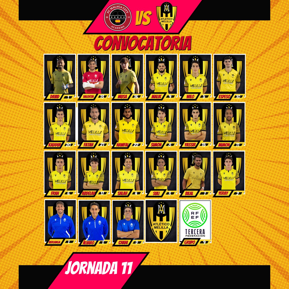 CONVOCATORIA
Esta es la lista de los jugadores convocados por Miguel Berlanga <a href="/berlanga6/">carlos berlanga</a> para el partido de mañana Domingo a las 13:00 h ante ✈️ @fcmalagacity