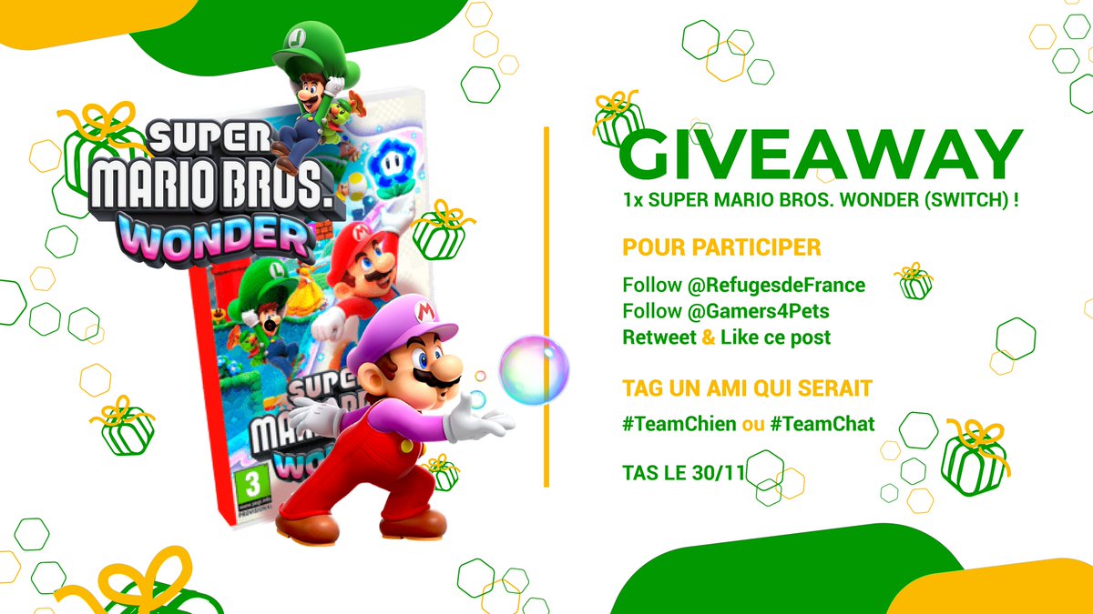 GIVEAWAY SUPER MARIO BROS WONDER (SWITCH) !✨
Pour participer d’ici le TAS le 30/11, vous devez :
- Suivre <a href="/RefugesdeFrance/">Défense de l'Animal</a> et @Gamers4Pets ! 🐾
- RT 🔥 &amp; Likez ❤️ ce post !
- TAG un ami de la #TeamChien🐶 ou #TeamChat 🐱 !