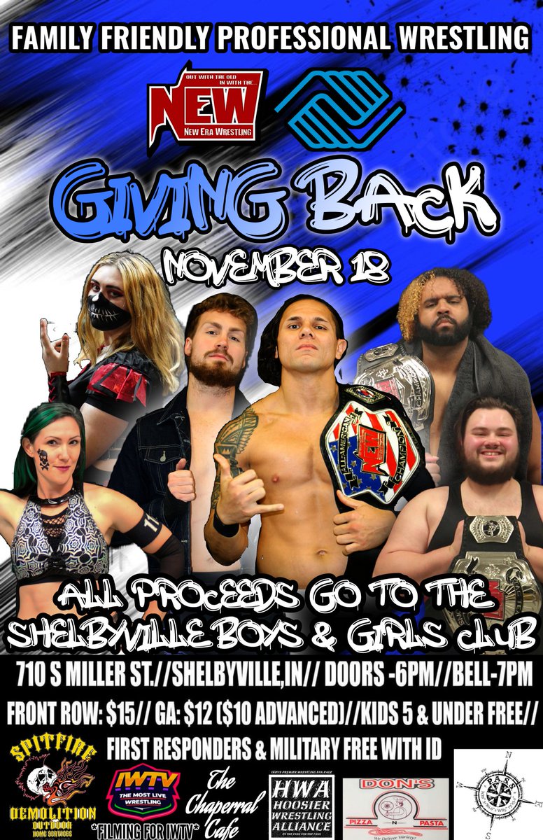 IT'S SHOW DAY!!!

Come out to the Shelbyville Boys and Girls Club for #NEWGiving

Tag Title Tornado Tag Match
@ShawnKempYeahFr @ChaseHollidayX VS
@WarriorPoetSeer @EdrysWolffAlpha 

@TeaganRose0 VS @bashleybones 

Also
@DC_Wrestles @anthonytoatele @RealJacobRose and so much more!