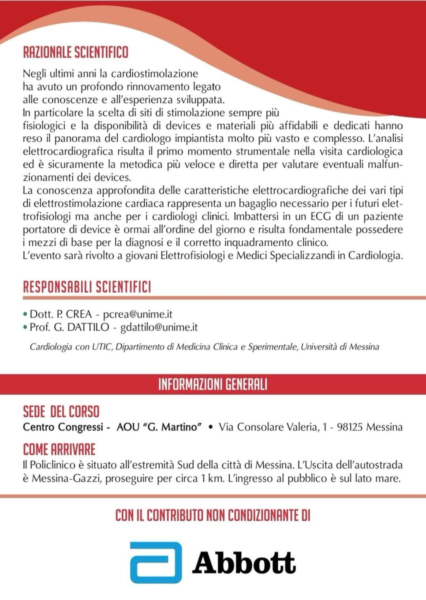 "Tips and Tricks nell'ECG del paziente portatore di device: dal pacing apicale alla stimolazione di branca." 

L’evento sarà rivolto a giovani Elettrofisiologi e Medici Specializzandi in Cardiologia. 

L’iscrizione è obbligatoria e gratuita
registrandosi attraverso il link