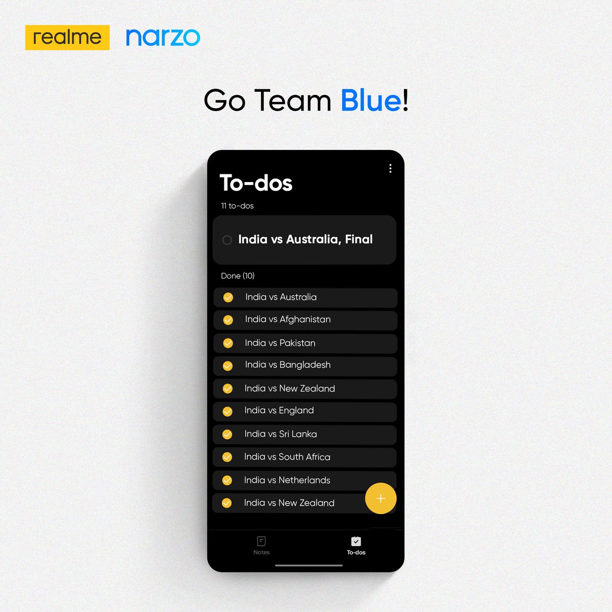 realmenarzoIN's tweet photo. Ticking off success one match at a time🏏
As the nation gears up for the final match, we’re all keeping track of every thrilling moment.
Good luck, Team Blue🏆
#FastestGrowingBrand #WorldCup23 https://t.co/xY8vfHeuOI